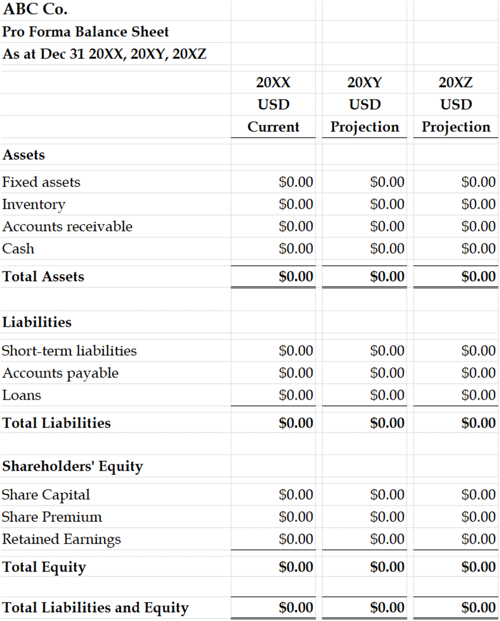 pro forma balance sheet example, template